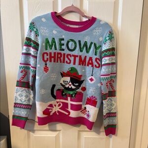 No Boundaries Christmas Cat Sweater - Blue, Red, Green